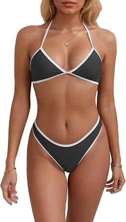 Triangle Thong Bikini Set for Women Sexy Color Block Halter Swimsuit Two Piece Cheeky High Cut String Bathing Suit