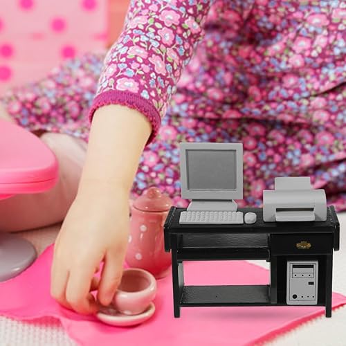 Miniatura 8 de NUOBESTY Juego de muebles de oficina en miniatura para casa de muñecas 112, escritorio y silla negros con computadora, ratón, teclado, impresora
