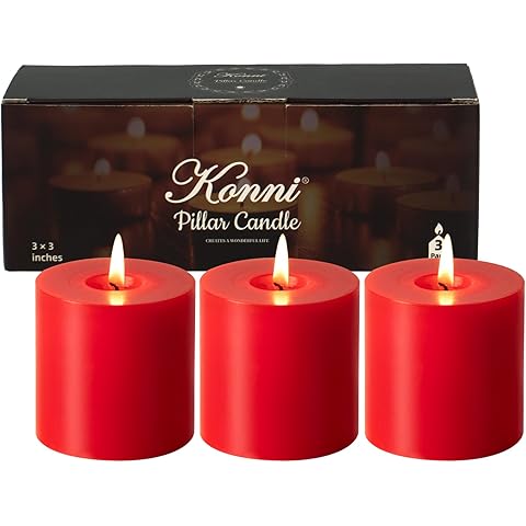 KONNI Red Pillar Candles Set of 3, 3