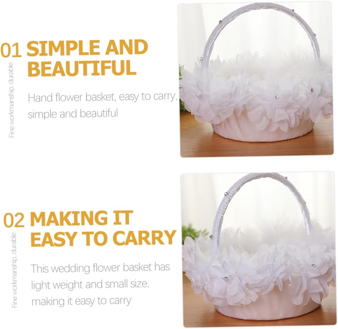 FRCOLOR Wedding Flower Girl Basket with Lace Rose Floral Decoration White Ceremony Basket for Flower Girl Wedding Party Supplies