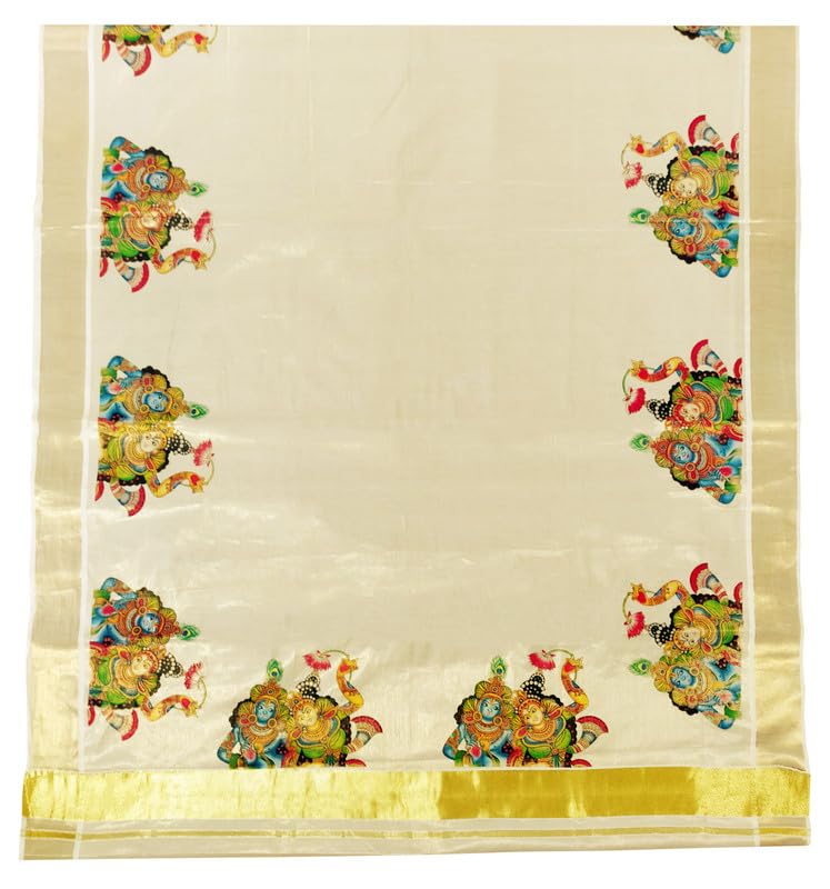 YETTALAN® Women's Mural Printed Kerala Gold Tissue Saree with Running Blouse Piece | Traditional South Indian Ethnic Saree for Festivals, Weddings & Special Occasions
