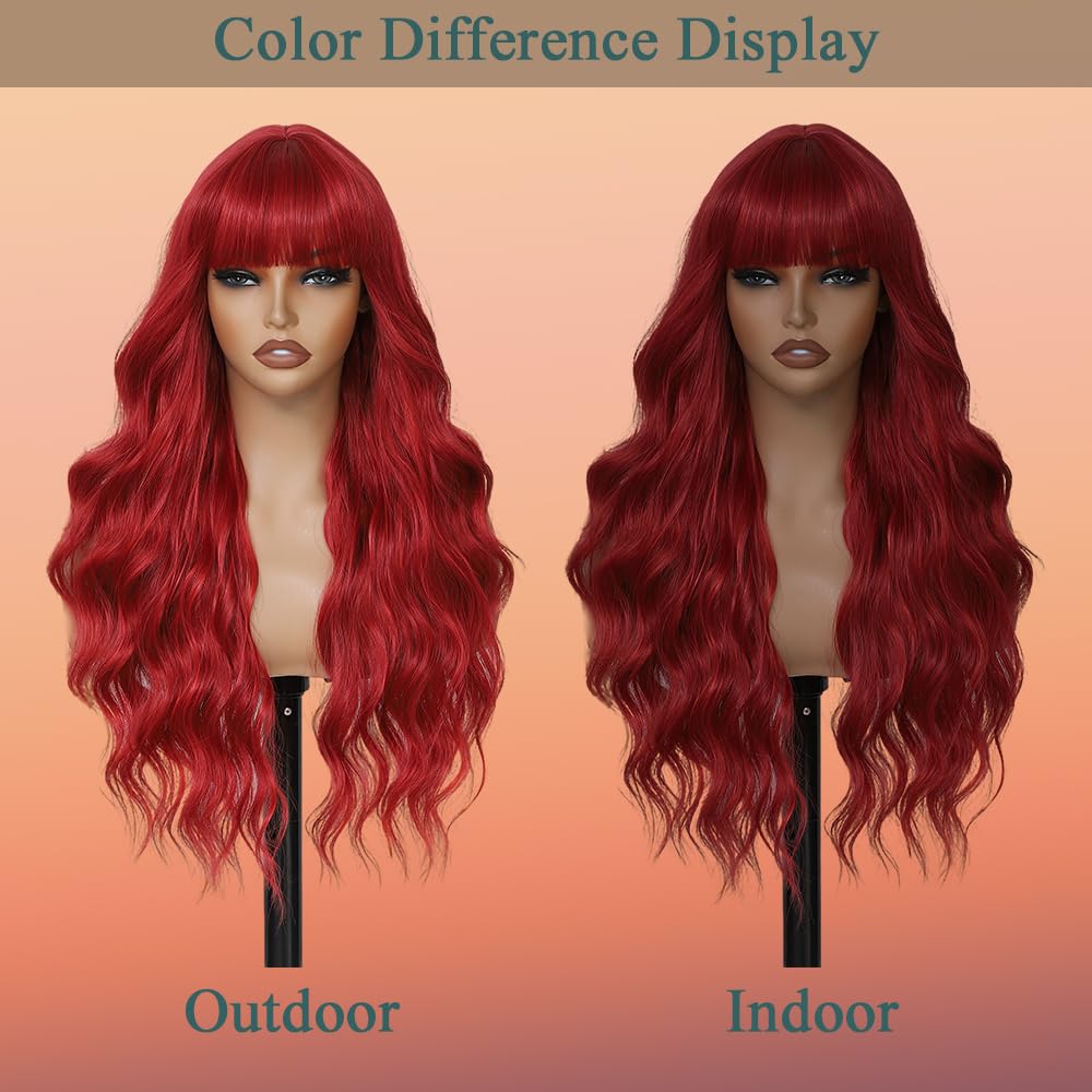 Red Wig with Bangs for Women 26 Inch Long Wavy Curly Hair