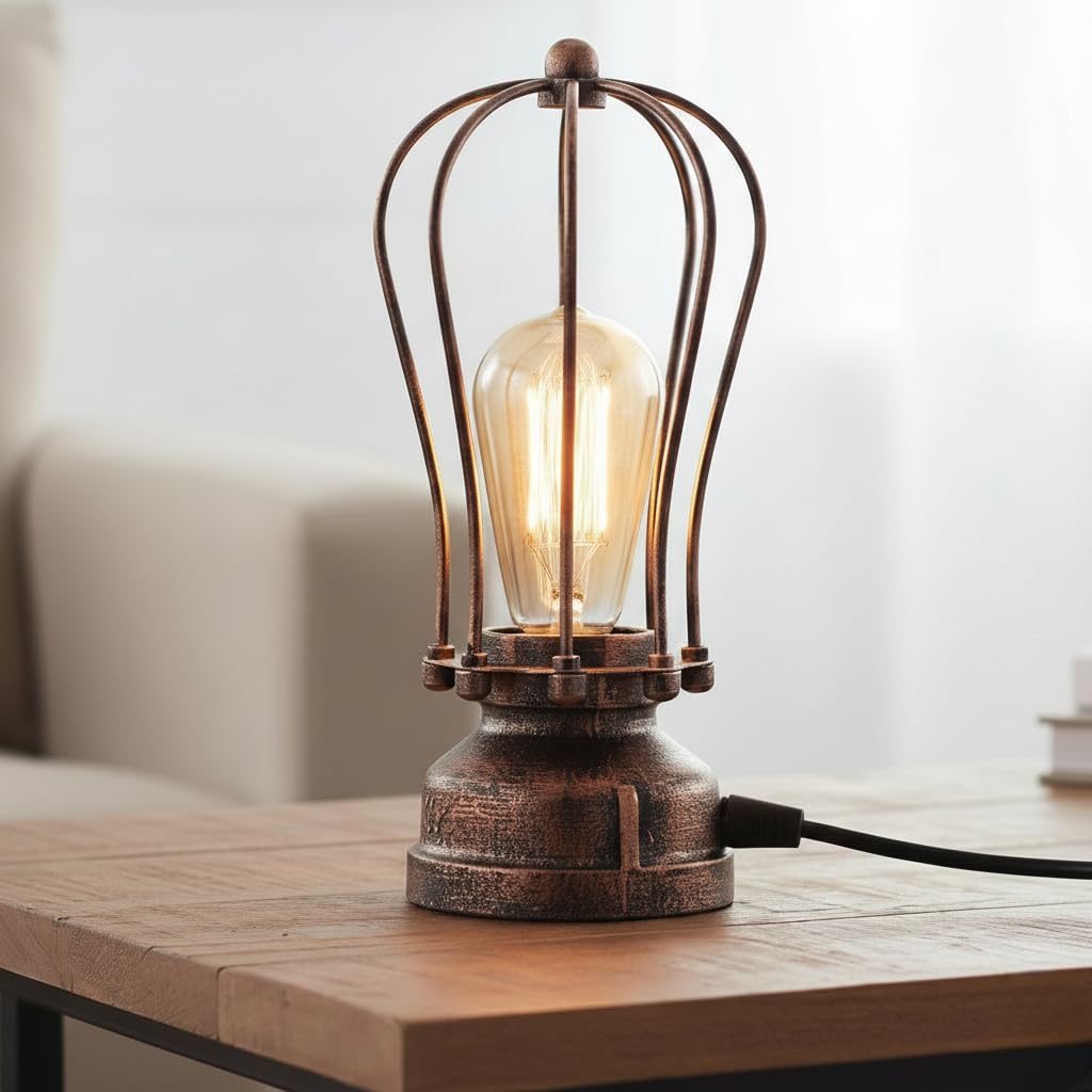 DC VOLTAGE Industrial Table Lamp Vintage Brushed Copper Metal Cage Bedside Lamp E27 Desk Light with LED Bulb Included for Bedroom Living Room Office Bar Café Loft Lighting