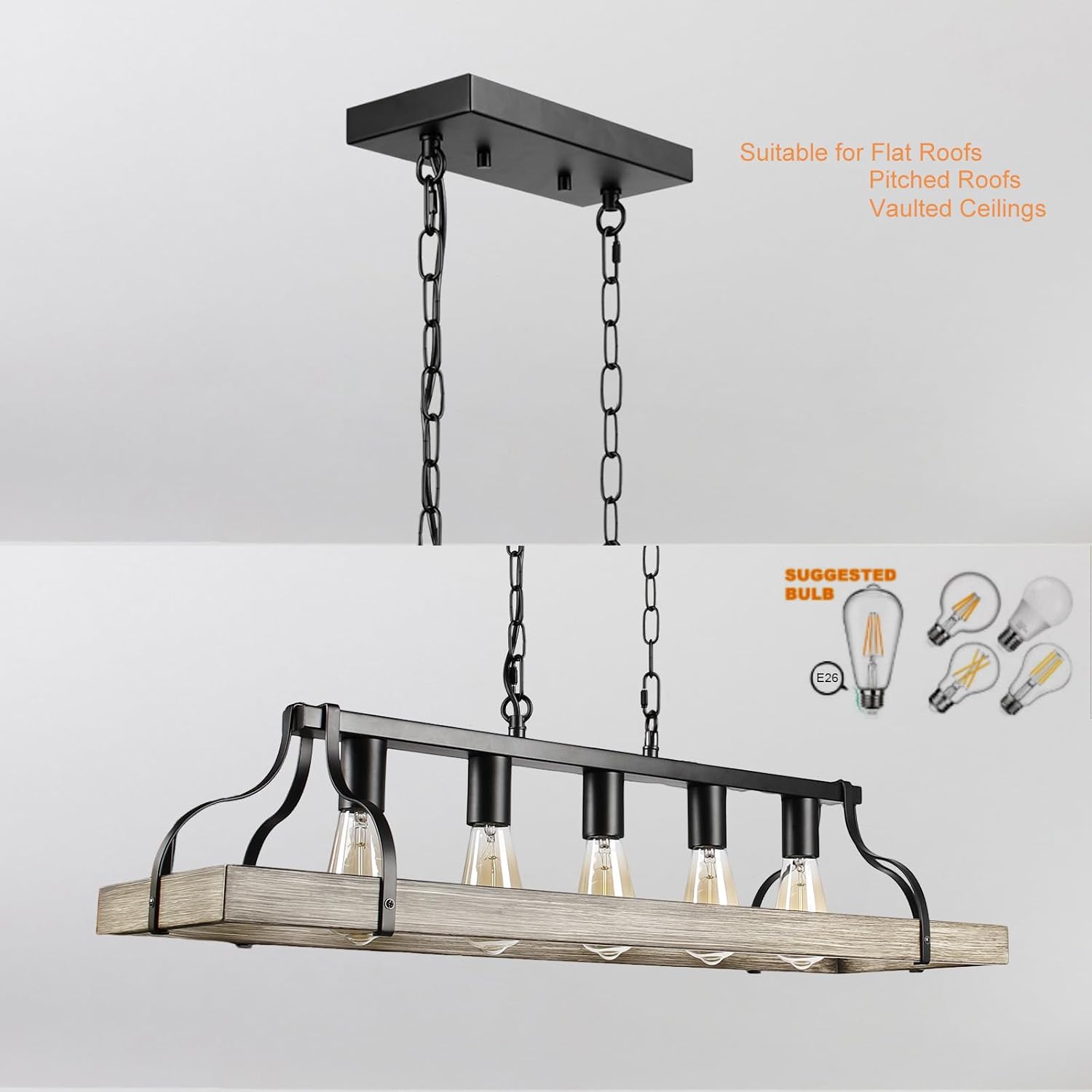 Rustic Chandeliers Dining Room 33.5" Farmhouse Chandelier Black Metal Retro Wood 5-Light Industrial Kitchen Lights Island Table Rectangular Entryway Hanging Fixture