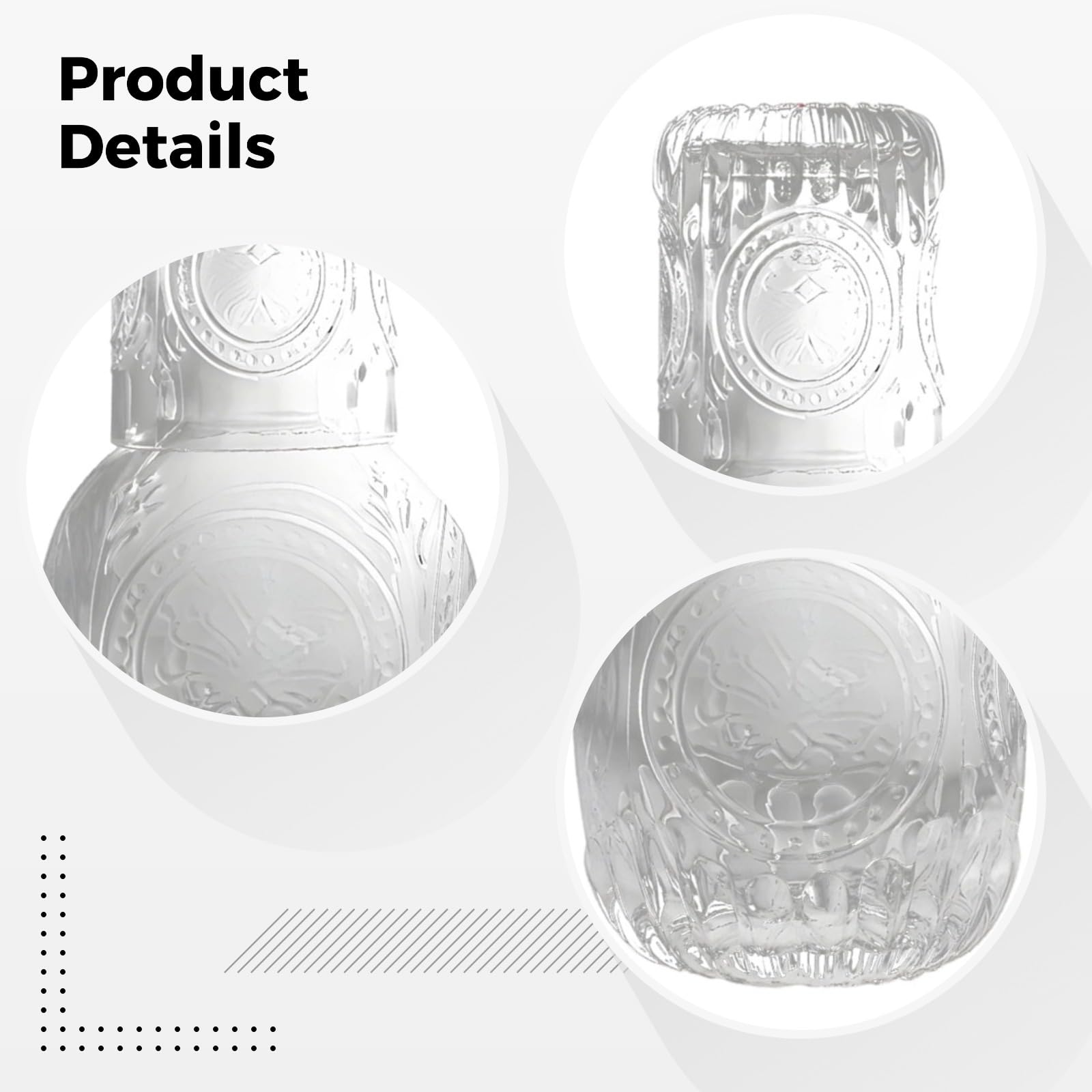 Wasserkaraffe und Glas-Set, geprägte Glaskaraffe 8,5 Zoll, 215 mm, handwerkliche Verarbeitung, ästhetisches Wasserkrug-Set, Wasserkaraffe für den Nachttisch, klar