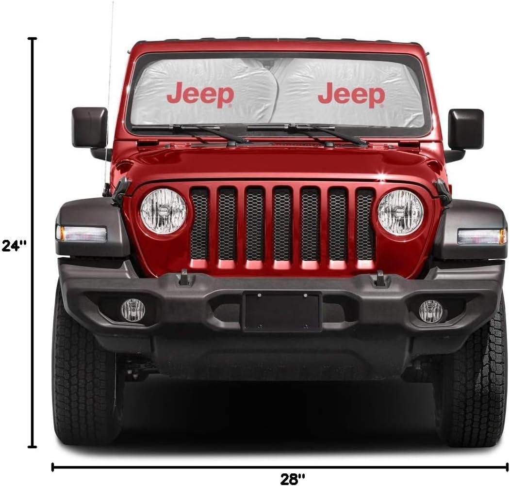 iPick Image for Jeep in Red Logo Universal Fit Dual Panels 2 of 28" W x 24" L Easy Folding Windshield Sun Shade