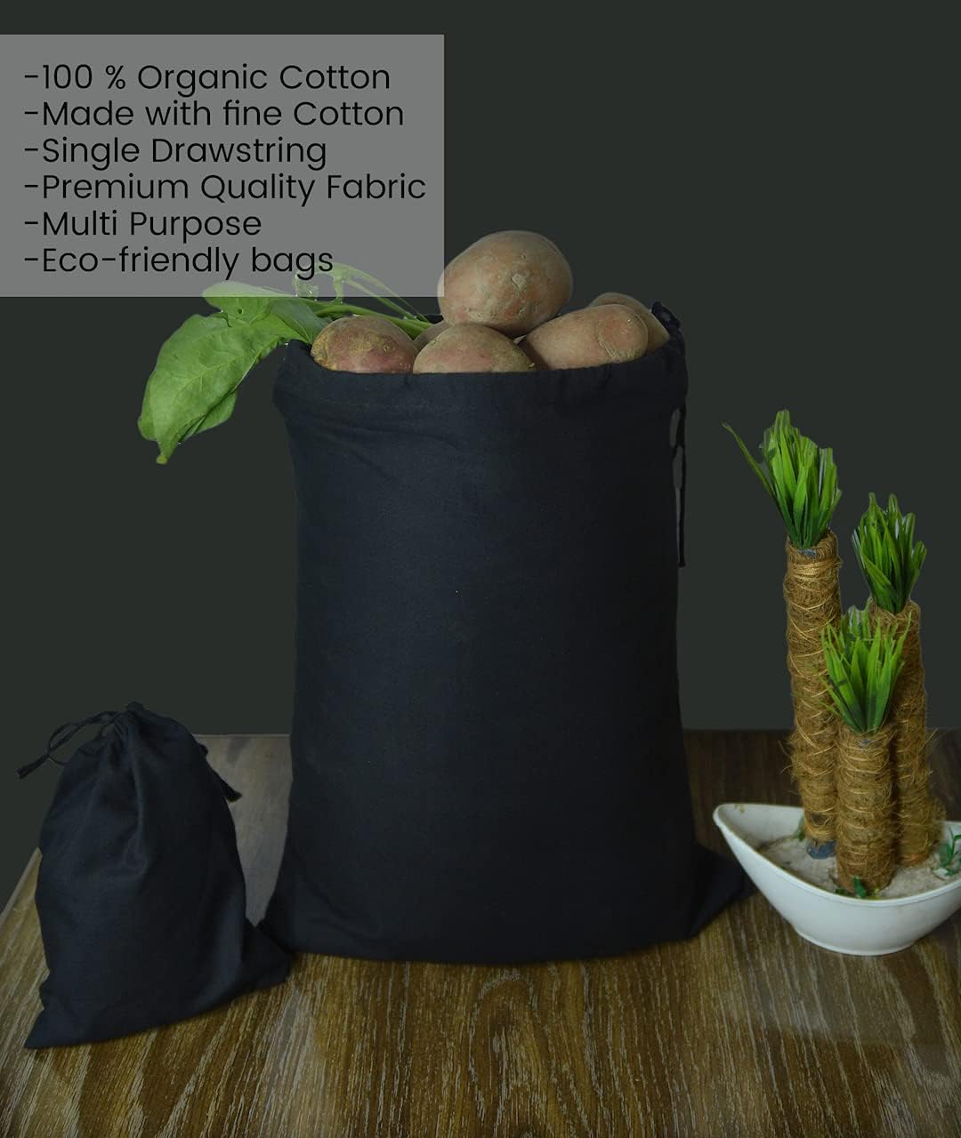 🔥 Flash Sale Cotton Muslin Bags, Single Drawstring Premium Quality Eco Friendly Black Reusable Muslin Bags. Pack of 100. (12 x 16 Inches)