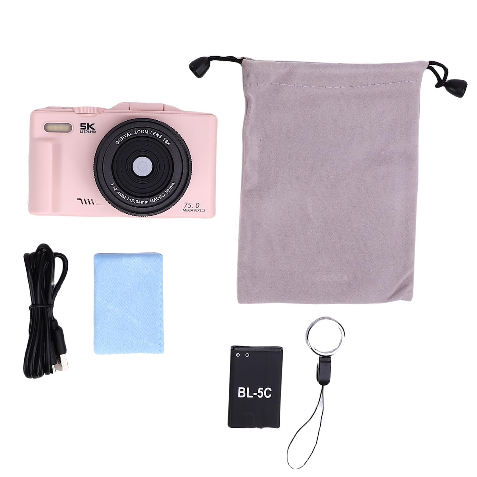 Topiky Fotocamera Digitale 5K per Fotografia, Fotocamere per Vlogging WiFi da 75 MP con Schermo Flip da 3 Pollici a 180°, Zoom 18X, Luce LED e Scheda di Memoria da 32 GB, per Viaggi