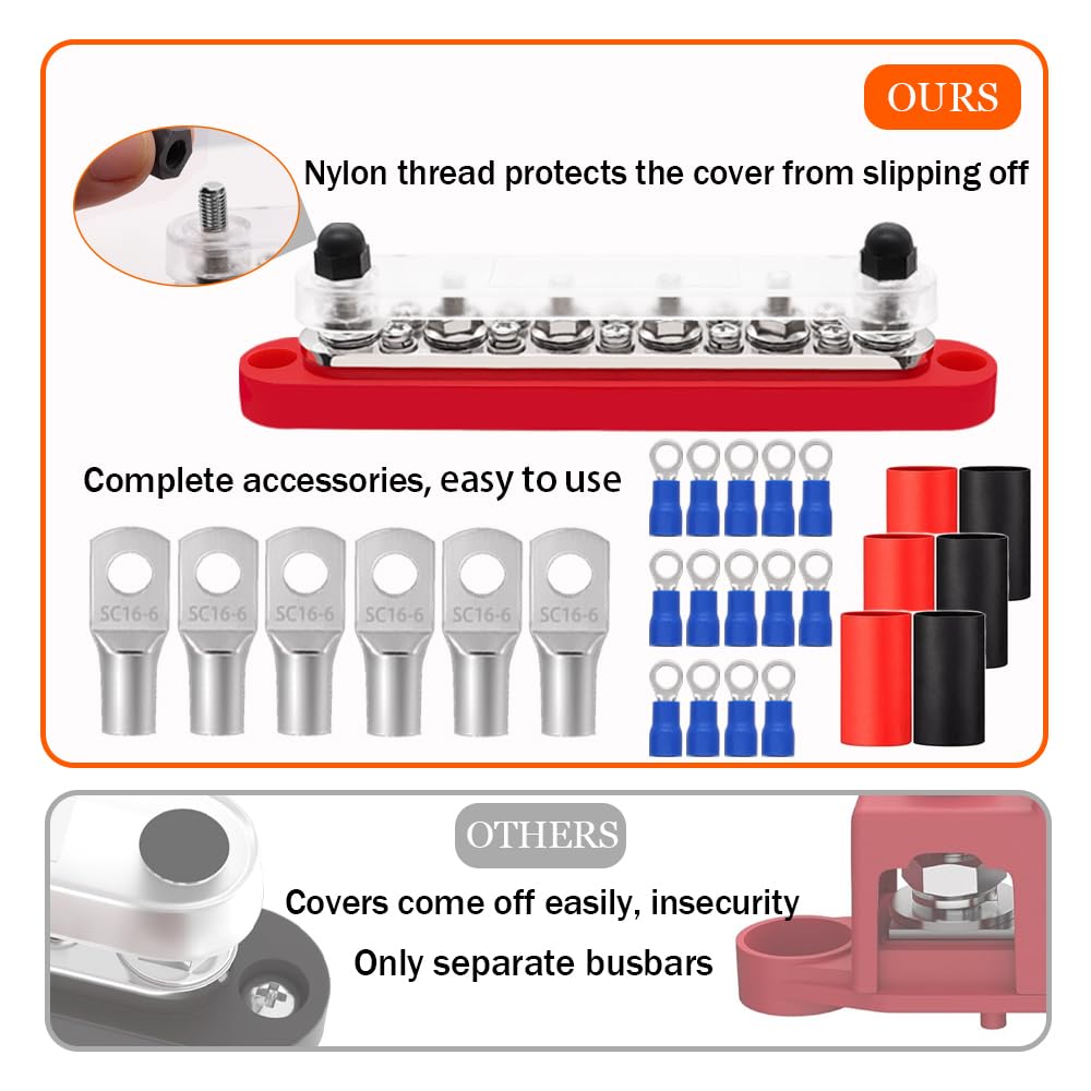 Dianrui 12V Bus Bar 1/4" Power Distribution Block 250A Marine Busbar Terminal Block Waterproof for Marine, Automotive and Solar Wiring(Pair, Red & Black)
