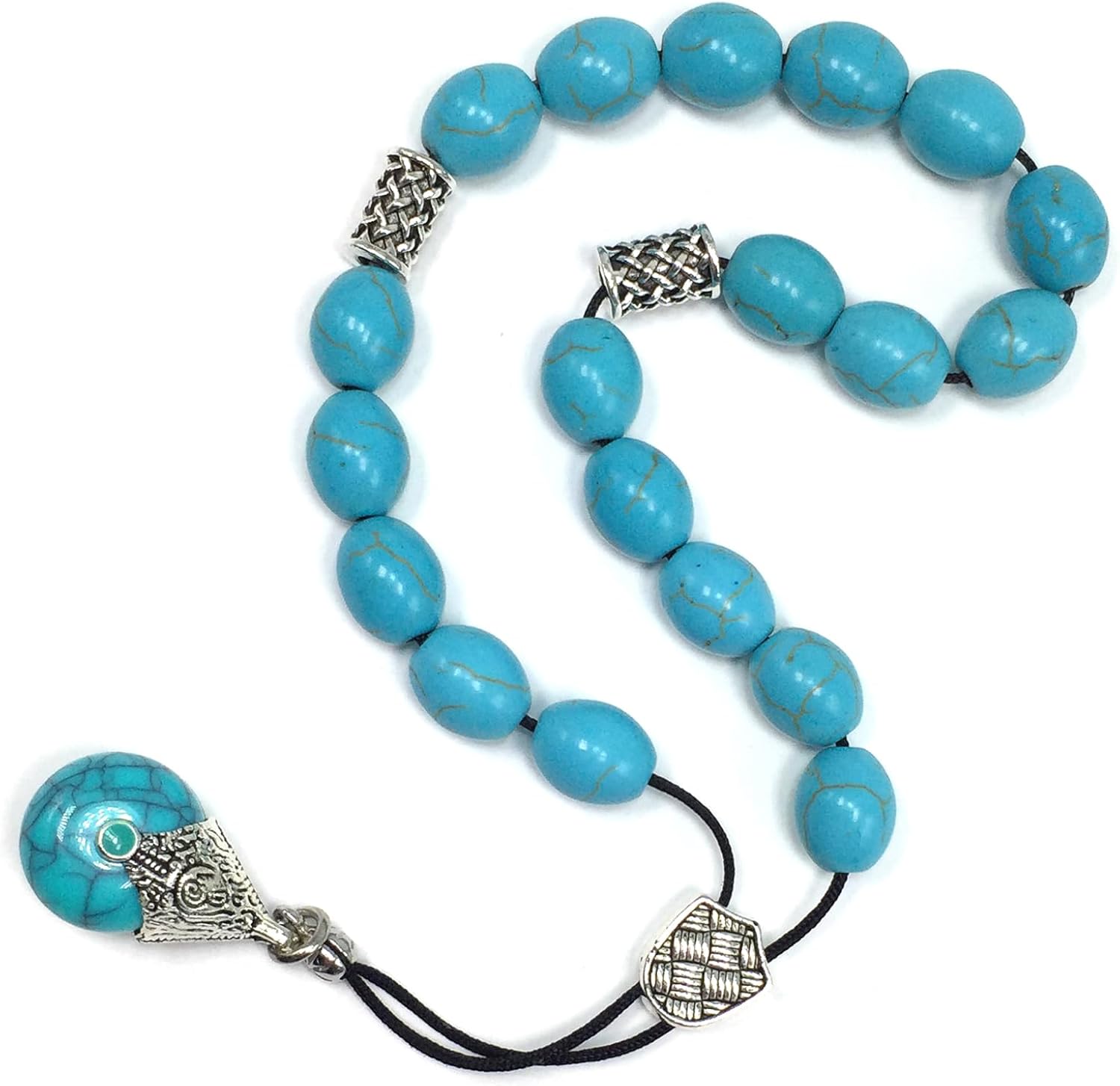 Design - Greek KOMBOLOI Series Worry Beads Begleri Pony Anxiety Beads Rosary Relaxation Stress Relief (SYNTHETIC OVAL TURQUOISE BEADS -12x10 mm, 19)