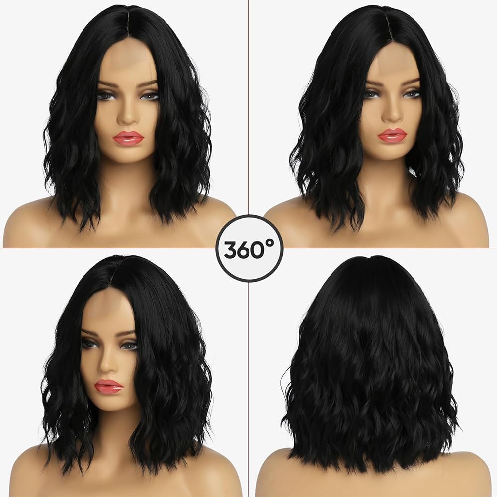 Woojfcang Short Black Wavy Wig for Women, 16 Inch Shoulder Length Middle Part Kinky Curly Bob - Image 2