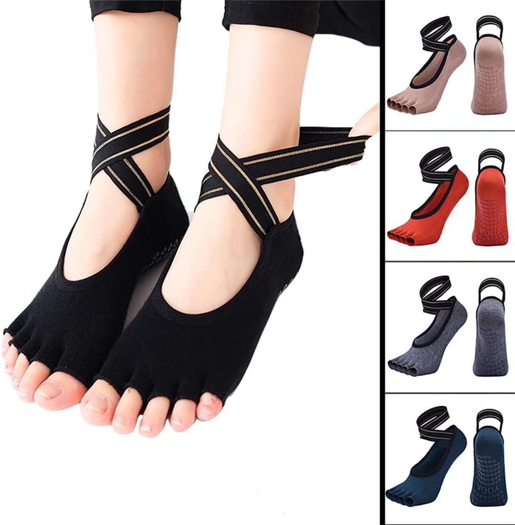 Toeless Yoga Pilates Grips Socks for Women Non Slip Barre Dance Sports Gym Fitness Socks with Straps (Color : A, Size : US 4.5-8.5) (C US 4.5)