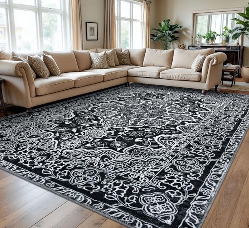 KUTA Area Rugs 9x12 Living Room, Vintage Medallion Washable Large Rug for Bedroom 9ft x 12ft Non-Slip, Ultra Soft Printed Modern Floral Distressed Low-Pile Dining Room Carpet Black
