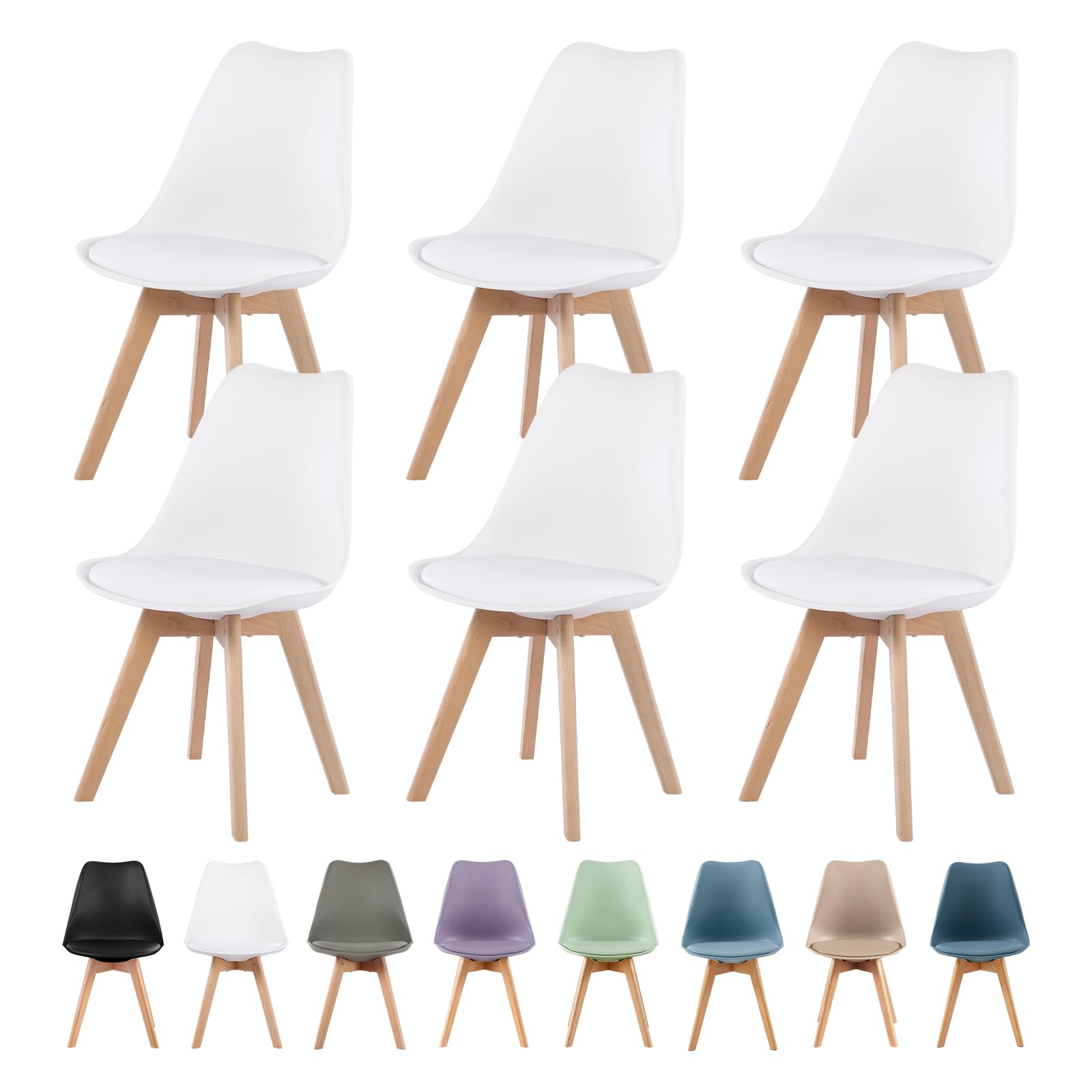 buybyroom Modern Dining Chairs Set of 6 with Wooden Legs and Soft Cushion for Living Room, Garden, Kitchen, Bedroom, Outdoor and Office, White