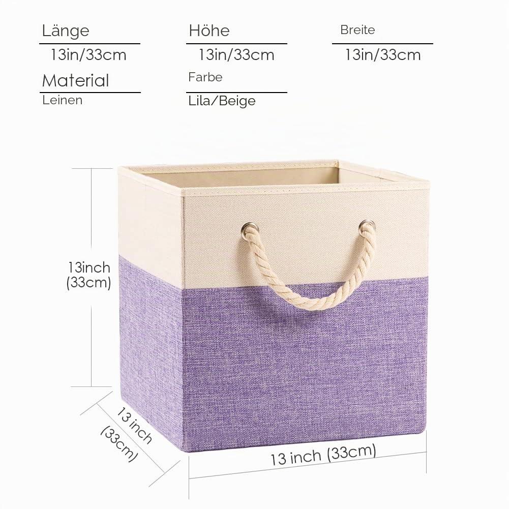 PRANDOM Aufbewahrungsbox Groß,33x33x33cm,Aufbewahrungskörbe,Kallax Boxen, Faltbare RegalkorbSchublade mit Baumwollgriffen Organizer für Regale,4-stück,Lila