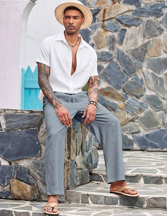 Image of CB-COLEBROOK Mens Casual Linen | Elastic Waist | Drawstring Summer Beach Yoga Linen Trouser | Loose Fit Pyjama Pants for Man