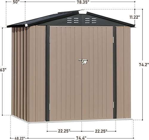 Miniatura 6 de Cobertizo de almacenamiento para exteriores de 6 x 4 pies, cobertizo de metal para exteriores con puertas y rejillas de ventilación, cobertizo de
