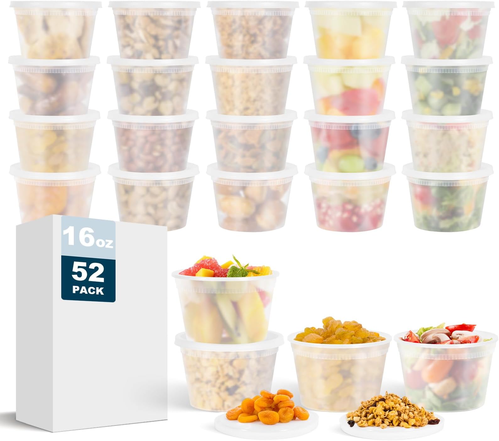 [52 Set - 16 oz.] Plastic Deli Food Storage Containers With Plastic Lids, Food Containers for Soup, Meal Prep, Slime | BPA Free | Stackable | Leak Proof | Microwave | Dishwasher | Freezer Safe