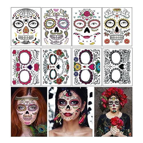 Day of the Dead Face Tattoos 8 Sheets Sugar Skull Temporary Face Tattoos Stickers for Halloween Party Makeup