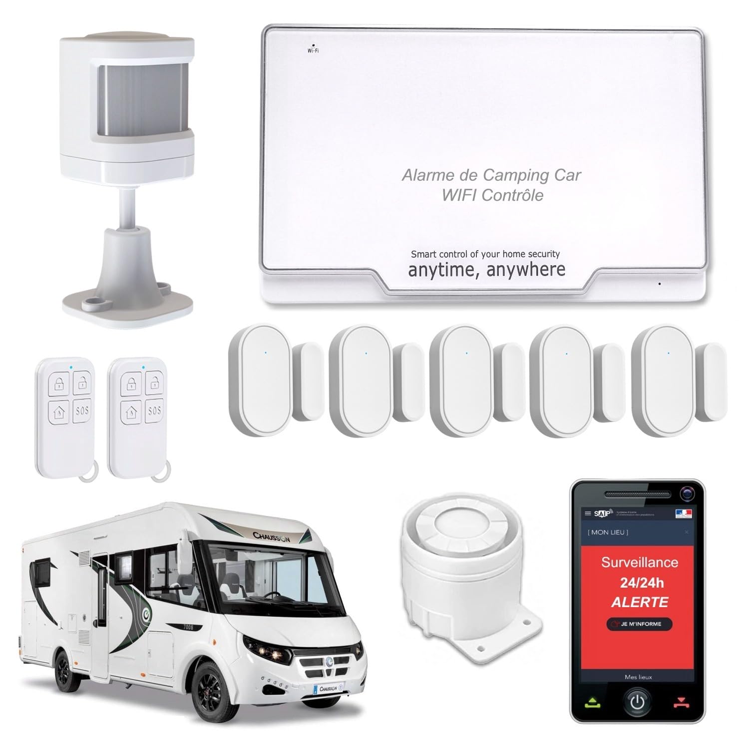 Alarme pour Camping Car - WiFi - Alerte sur téléphone - Surveillance 24h/24h - 2 Sirènes 120 DB - 5 Détecteurs de Portes et fenêtres - 1 détecteur de Mouvement - 2 Télécommandes - Assistance vocale