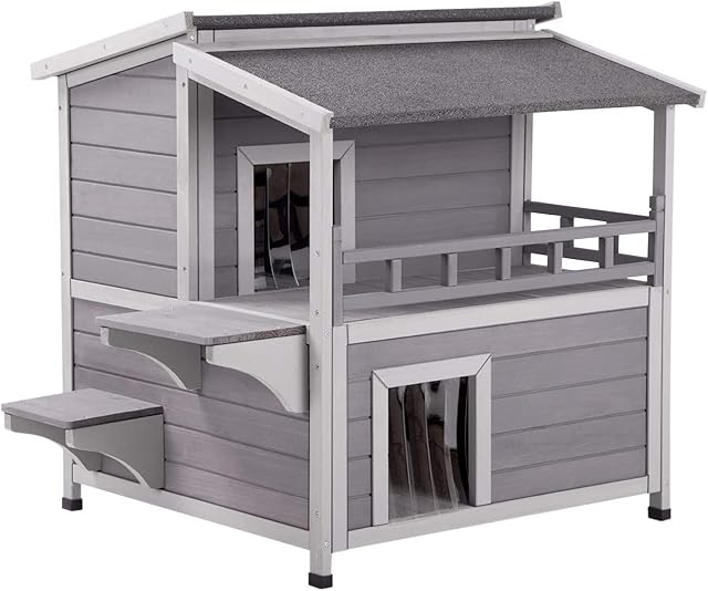 2 Story Cat House Enclosure with Large Balcony, Indoor Cat Condo Outdoor Cat Shelter, Wooden Kitty Home with PVC Door Strip