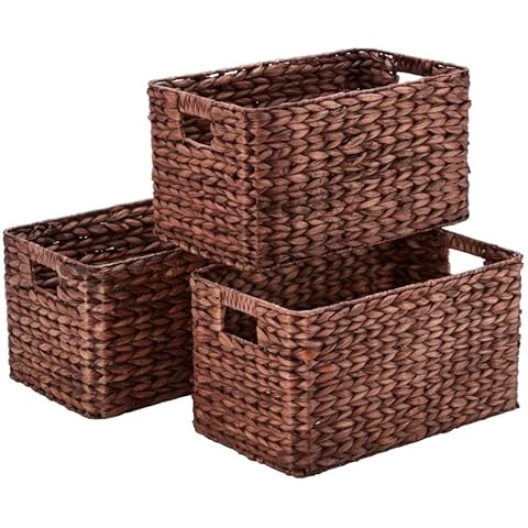 Wovenhill Set of 3 Milton Rattan Baskets | Handmade Woven Storage Box | Small - W20 x D38 x H21cm | Brown Cover