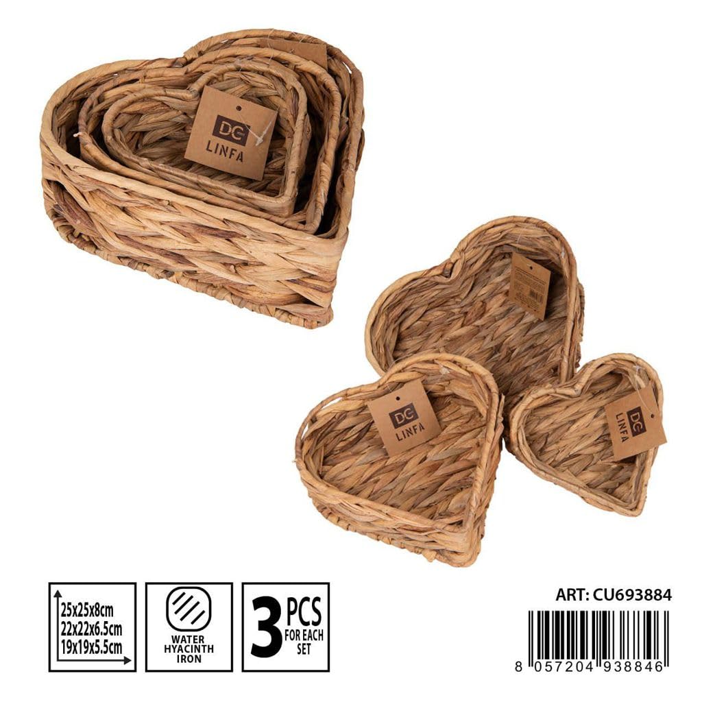 Set 3 Cesti Intrecciati Cuore – Ceste Portaoggetti in Fibra Naturale con Manici – Organizer Decorativi Multiuso per Casa, Bagno e Cameretta (16, 20,5, 25 cm)