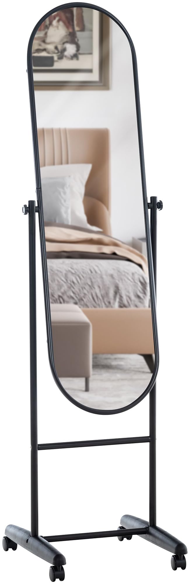 CLP Standspiegel Nane Oval I Stehspiegel 155x40 cm I Für Wohnzimmer Oder Schlafzimmer I Neigbar, 360° Drehbar I Ganzkörperspiegel Mit Rollen, Farbe:schwarz