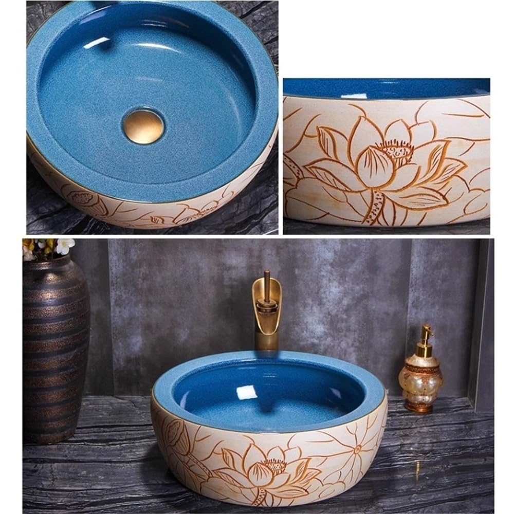 Zlewozmywak naczyniowy Ceramiczna umywalka łazienkowa, pięknie ręcznie wykonana nablatowa (bez kranu i akcesoriów)
