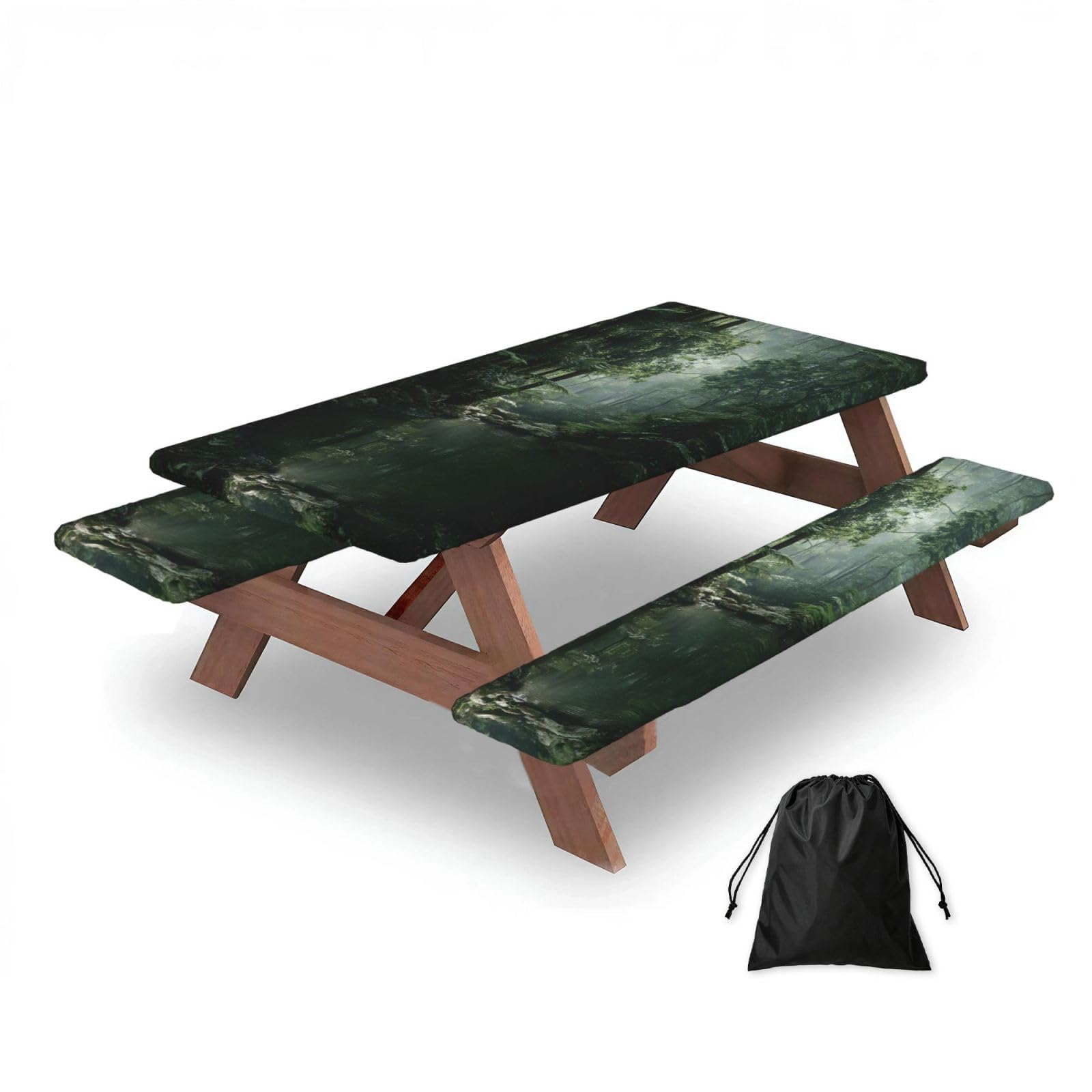ESNAIUVCD Rainforest Print Picnic Table Cover With Bench Covers,Camping Essentials,Fitted Tablecloth Cover With Elastic Edge, For Indoor & Outdoor 3 Pcs