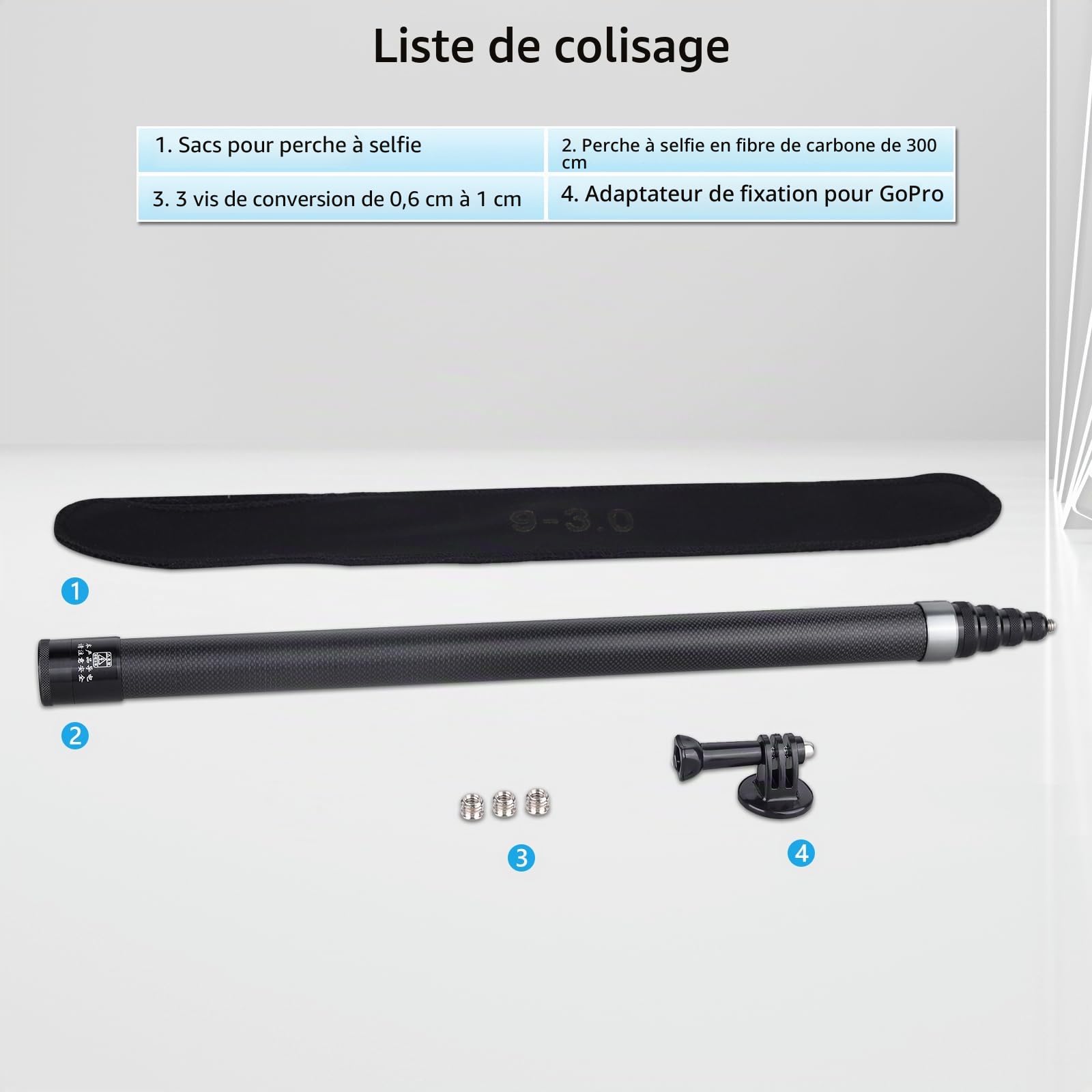 ARTCISE Perche à Selfie en Fibre de Carbone 300cm, SS300 Perche à Selfie Longue en Fibre de Carbone pour Caméra d'action pour GoPro Hero pour GoPro pour DJI Osmo Action pour Caméra