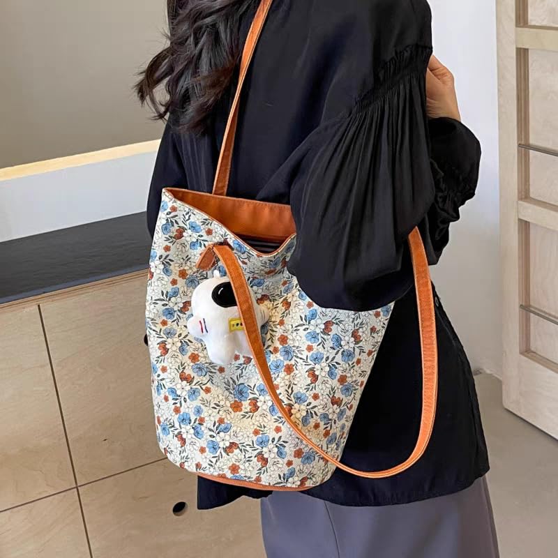 Women's retro floral large capacity single shoulder crossbody canvas tote lazy bucket bag3
