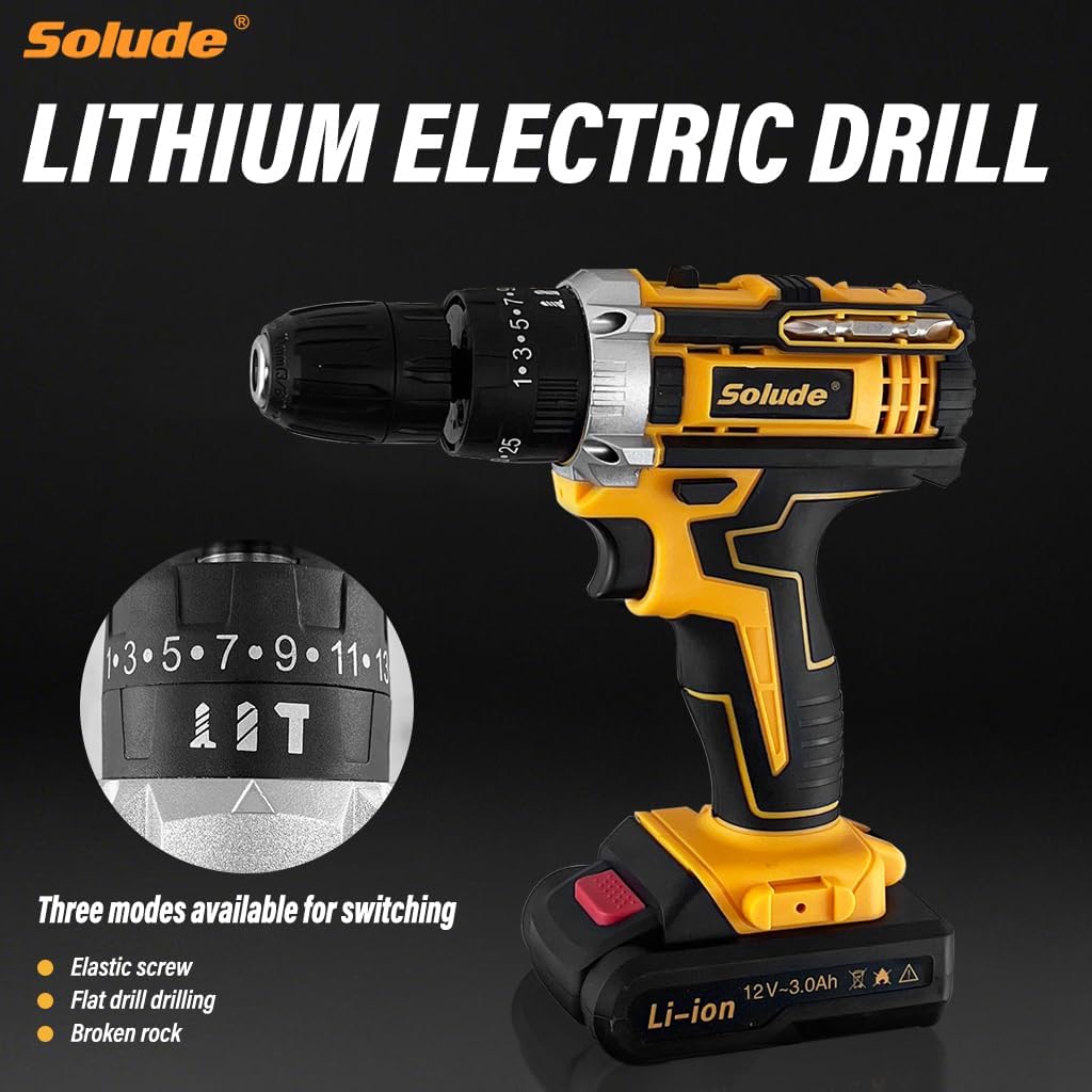 SOLUDE Cordless Drill,12V Power Drill Set with 2 Pack 3.0AH Li-ion Battery, 3/8” Keyless Chuck, 2 Variable Speed,25+1 Position and 23pcs Drill/Driver Bits