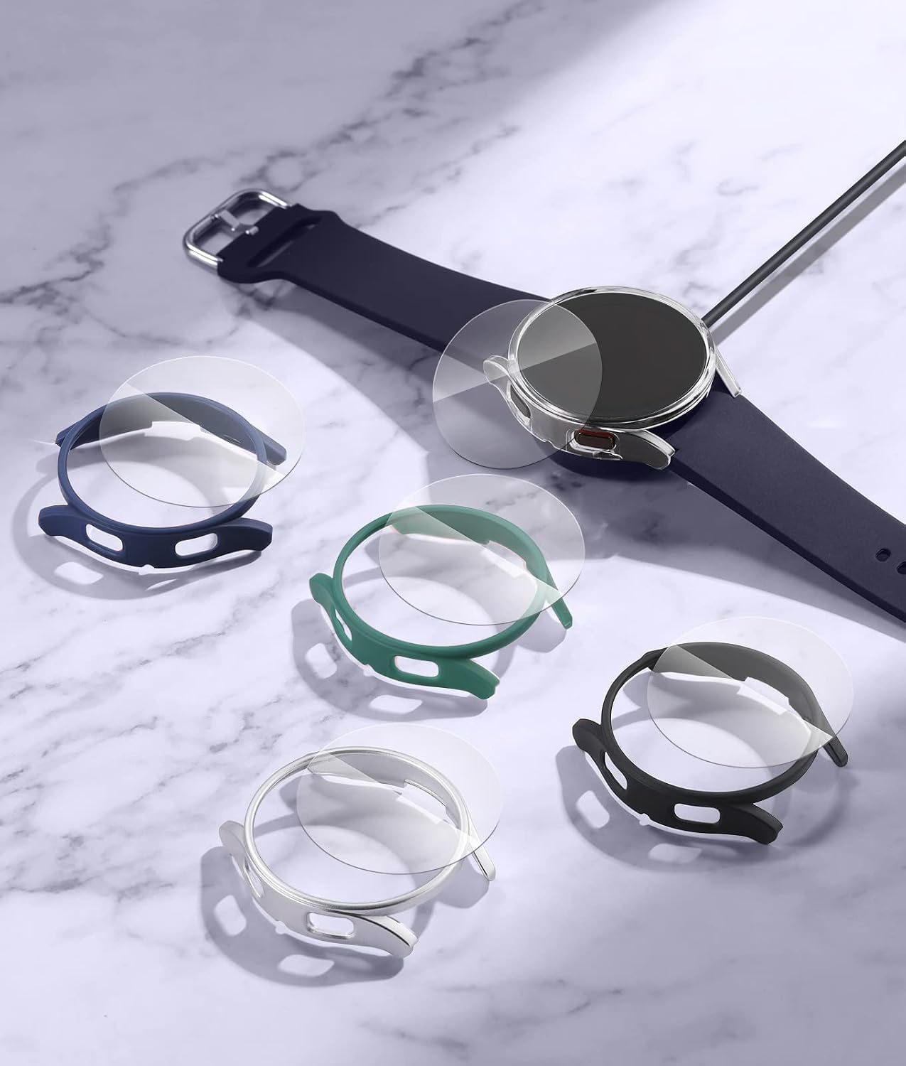 GEAK [5+5PCS] Compatible for Galaxy Watch 5/Galaxy Watch 4 Screen Protector Case 44mm, Anti-Fog Tempered Glass Screen Protector Film Accessories Cover Case for Galaxy Watch 4/Watch 5 44mm