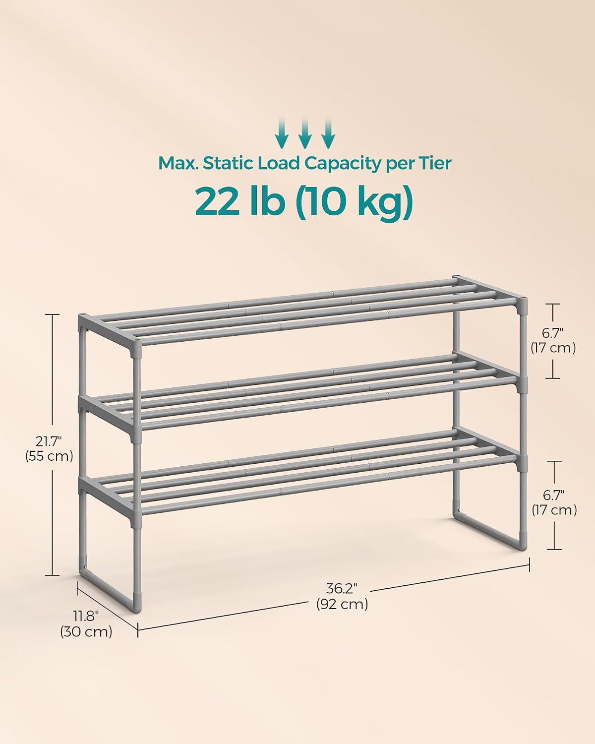 songmics shoe rack, 3-tier shoe organizer, metal storage shelf, upright or upside down, for 16-20 pairs, stackable, for entryway, 11.8 x 36.2 x 21.7 inches, gray ulsa303g01 grey 3 tiers (36.2"w)