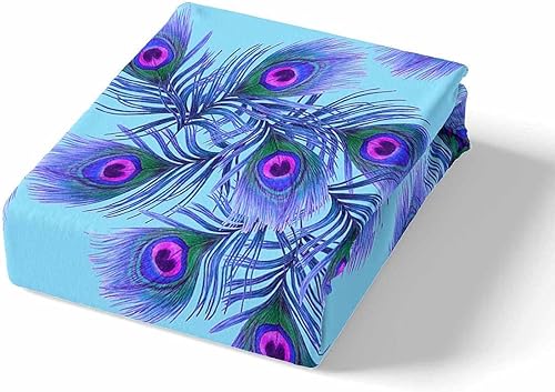 Miniatura 2 de Juego de sábanas ajustables con estampado de plumas de pavo real, juego de sábanas para niños y niñas, funda de cama de microfibra estilo bohemio,