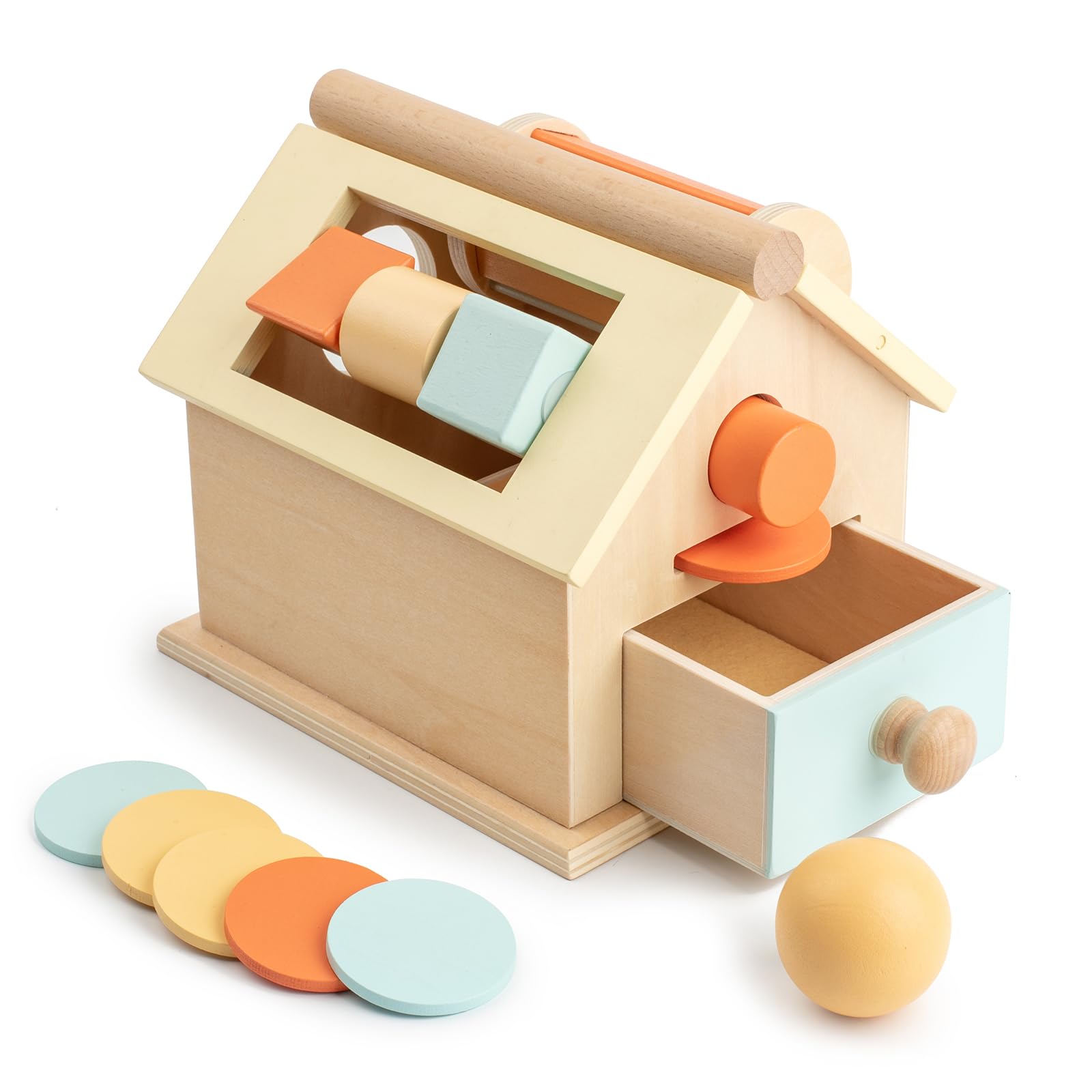Baby Toys 6-12 Months Wooden Toys Montessori Toys for 1 Year Old 5 in 1 Rainbow Drum Spin House Shape Learning & Education Toys Coin & Ball Drop Box Toddler Toys 2-3