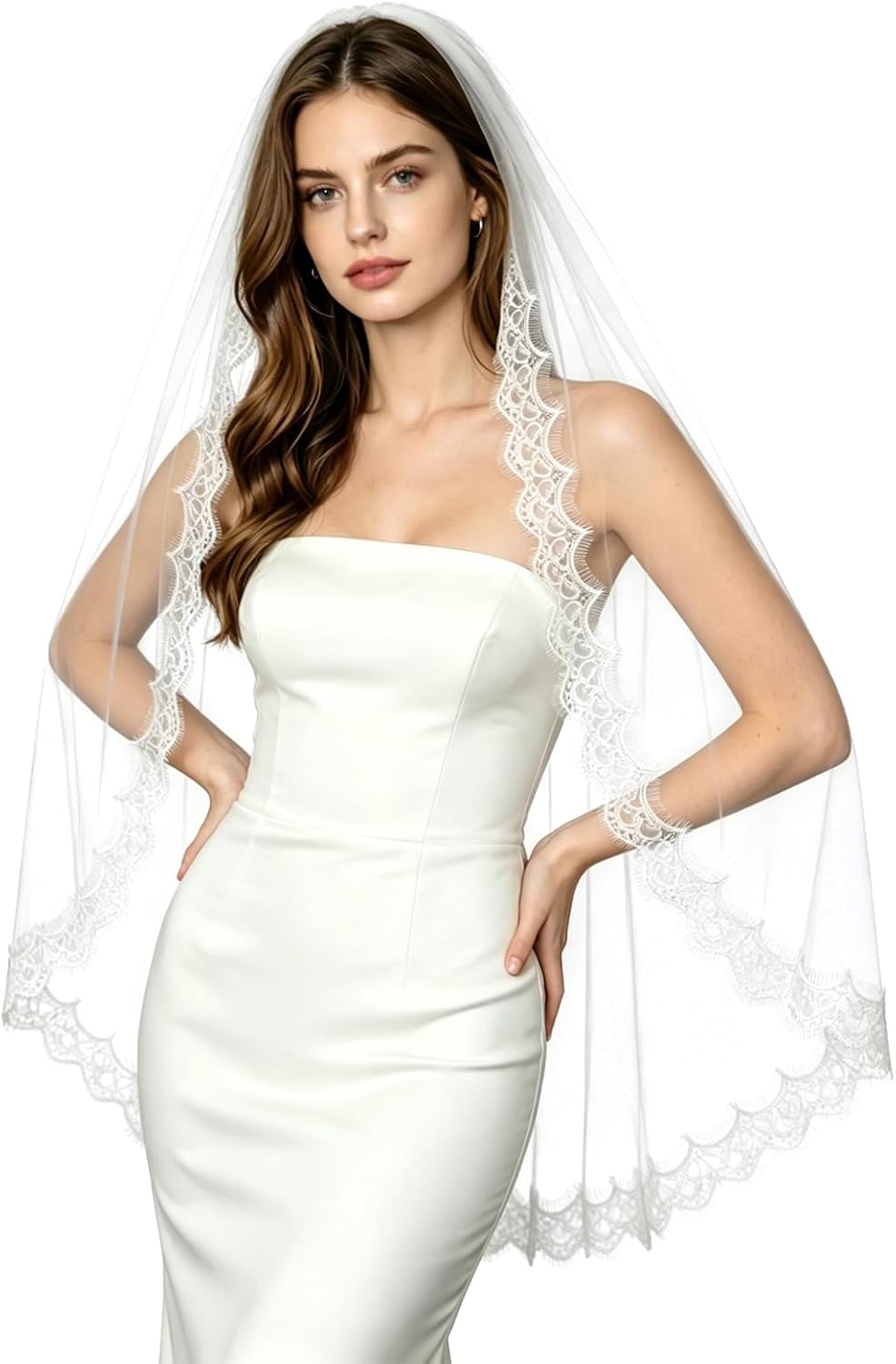 Bridal Veil Lace Edge 1 Tier Fingertip Length Wedding Veil with Comb for Brides