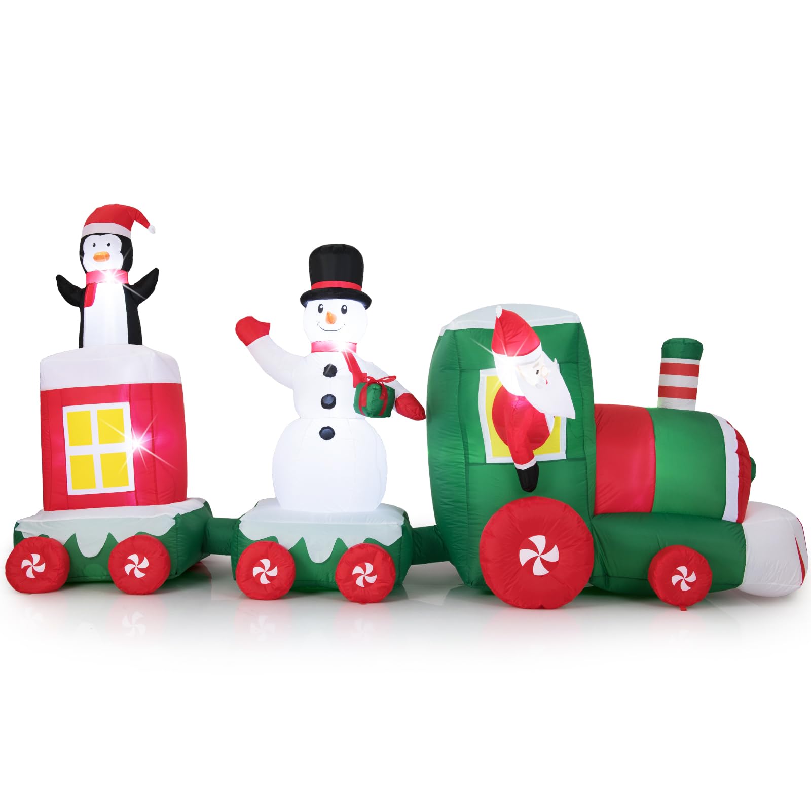 GOPLUS 3,5m aufblasbarer Weihnachtszug, Weihnachtsmann im Zug mit Schneemann und Pinguin, beleuchtete Weihnachtsdekoration XXL mit LED-Lichtern, Gebläse und Sandsäcken, für Innen und Außen
