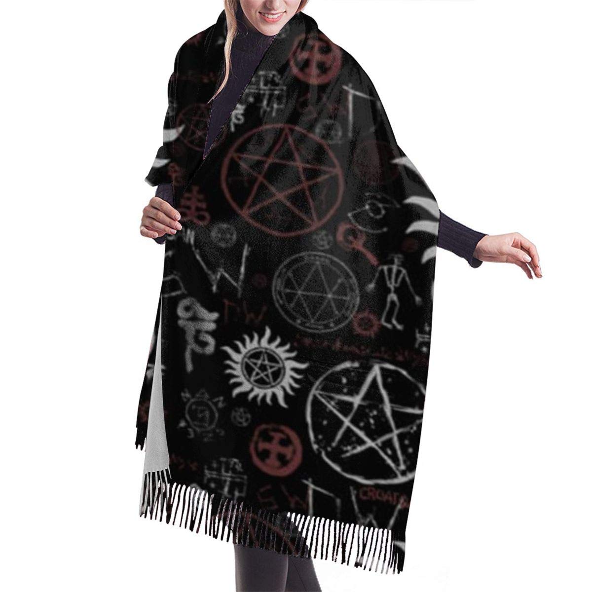 157 Tassel Scarf Hippie Gypsy Bohemian Symbols Black Scarves With Tassel Lightweight Tassel Shawl Warm Winter Scarf