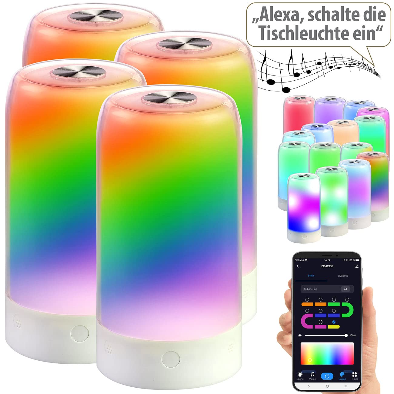 Luminea Home Control RGB-LED-Tischleuchte: 4er-Set smarte Stimmungsleuchten mit RGB-IC-LEDs, 15 Modi, WLAN, weiß (Multicolor Leuchte, Touchlampen, Baby)