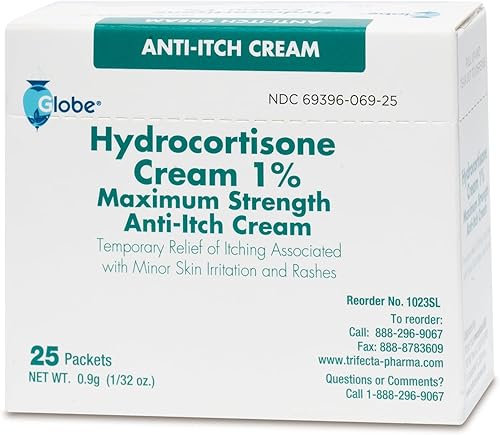 Globe (Box 25 Crema de hidrocortisona al 1% de fuerza máxima, (0.03 oz paquete individual) Crema antipicazón para enrojecimiento, hinchazón,