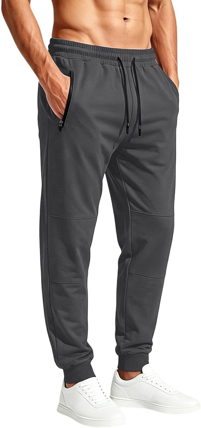 Men Jogger Sweatpants Drawstring Waist Ribbed Cuff Athletic Outfits | Breathable Stretch,Elastic Waist,Zipper Pockets,Panel Stitching,Tapered Leg,Gym Training,Jogging Exercise,Casual Outings