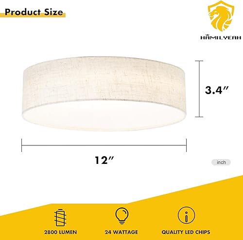 Miniatura 3 de Hamilyeah Juego de 2 lámparas de techo con pantalla de tela, lámpara de techo LED regulable de 24 W, montaje empotrado, moderna lámpara redonda de