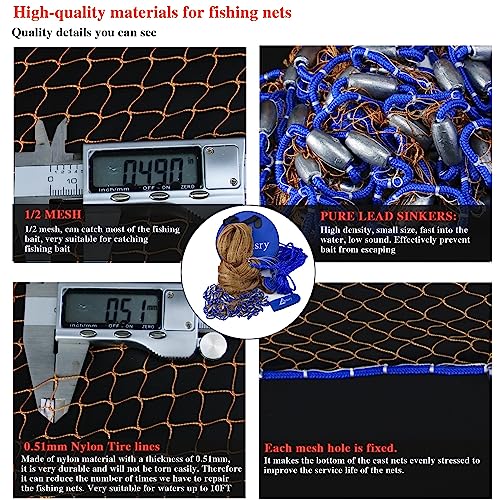 Drasry Saltwater Fishing Cast Net for Bait Trap with Heavy Sinkers Fish Throw Net. Size 3ft/4ft/5ft/6ft/7ft/8ft/9ft/10ft Radius Freshwater Nets