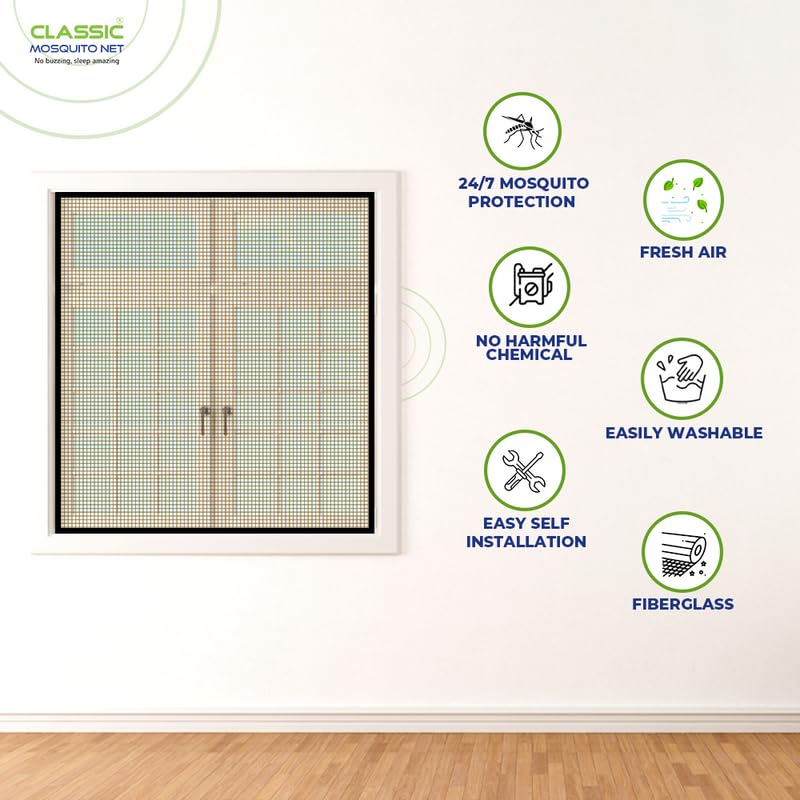 Image of Mosquito Net for Windows Pre-Stitched (Size:80cmX90cm, Color: Brown) Premium 120GSM Strong Fiberglass Net with Self Adhesive Hook Tape
