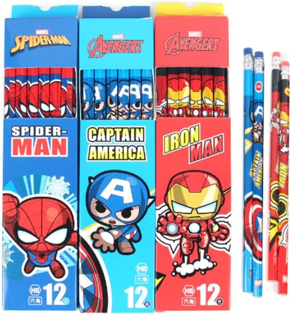 FEIFEI'S BOW Pack of 36 Spiderman Superhero HB Pencils with erasers Kids Children Party Bag Fillers School Office (Mixed Hero (36 Pencils with eraser))