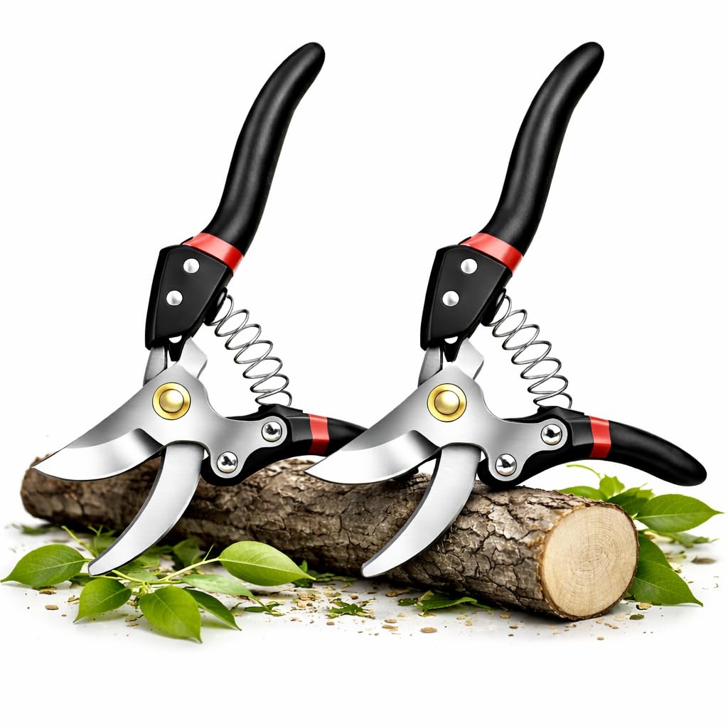 2PCS Bypass Garden Secateurs, 8.5" Professional Pruning Shears, Heavy Duty SK-5 Steel Gardening Shears with Ergonomic Anti-Slip Handle and Spring Action, Hand Garden Scissor Design