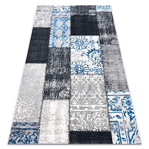 Tapis vintage gris bleu patchwork aux finitions soignées style rétro