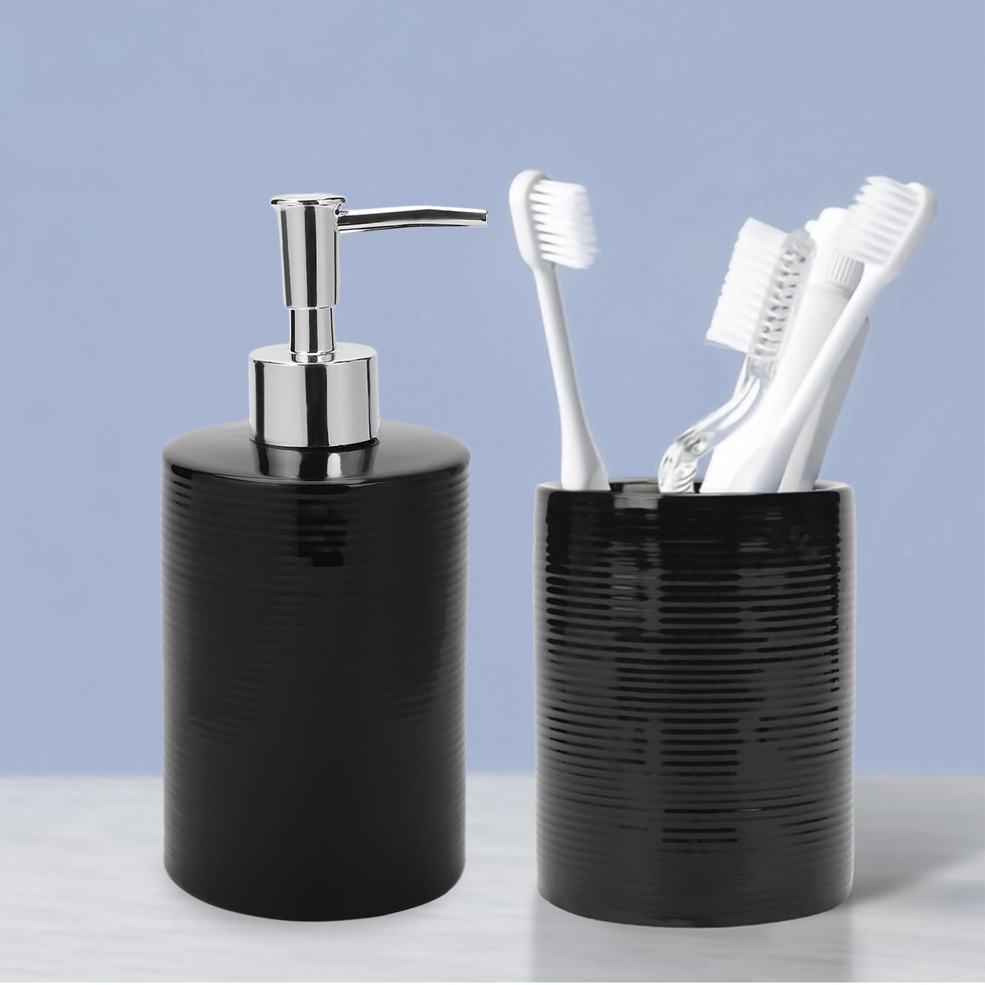 Anko Charcoal Polyresin Toothbrush Holder & Liquid Soap Dispenser (400mL) Set for Bathroom | Rust-Proof, Leak-Proof, Easy to Clean | Bathroom Sanitizer, Lotion, Shampoo Dispenser Black (B0CHBF3HF3) Amazon Price History, Amazon Price Tracker